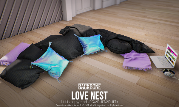 BackBone - Love Nest. PG L$599 | Adult L$1,999 | Adult + L$2,999.